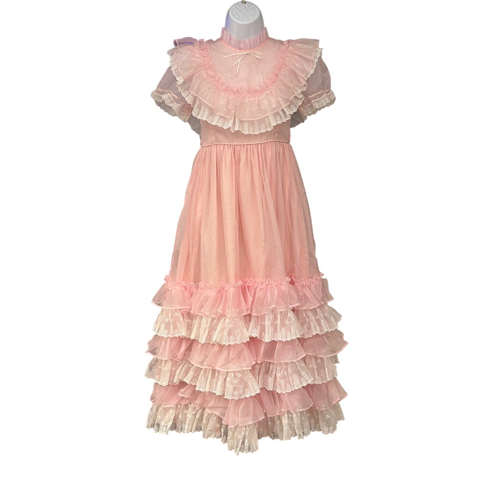 Vintage Lilo California Pink Ruffle Maxi Dress Coquette Cottagecore Prairie